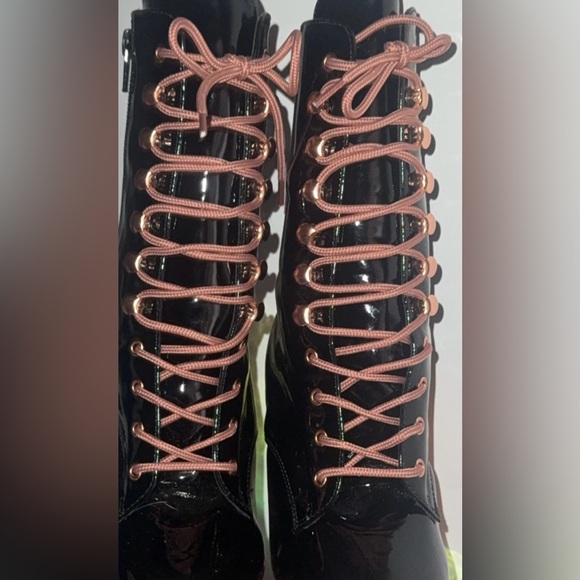 Pleaser Flamingo black Patent Platform Boots lace up sz. 6 Rose Gold 8” stiletto - Picture 9 of 12